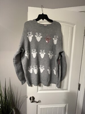 holiday time Deer christmas sweater Glitter Accent Size 22/24 Gray Long Sleeve
