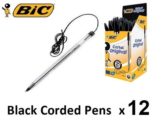 12 x BIC Cristal Ballpoint Pen Medium 1.0mm Black Cord String Corded ...