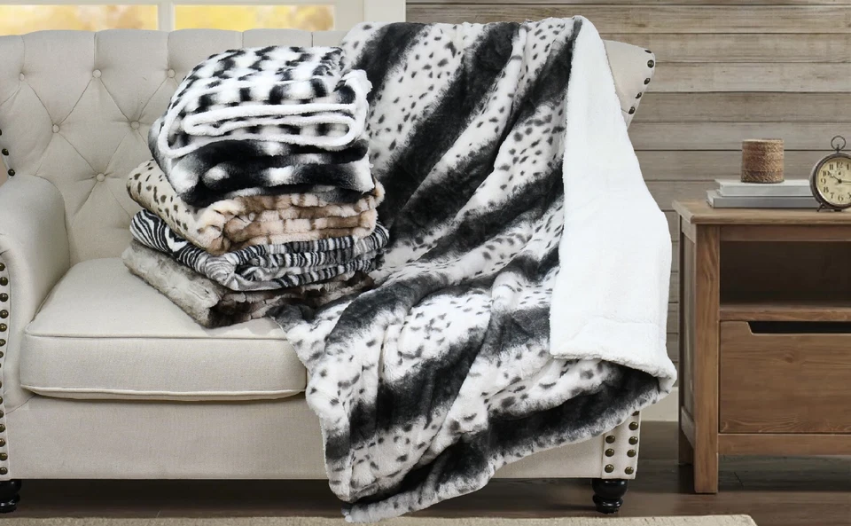 Mixed Striped Faux Fur Throw Blanket Plush Soft Warm Sherpa for Bed Couch Sofa - Image 2 of 4