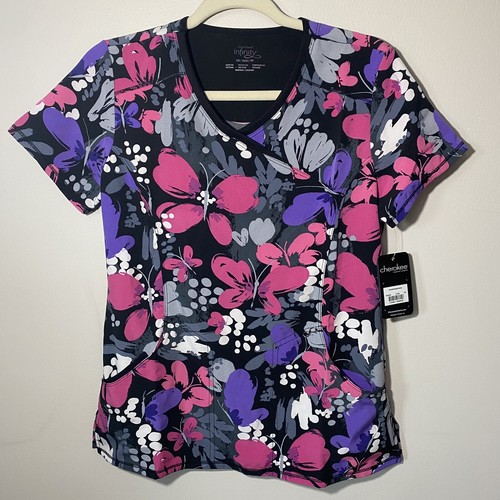 Cherokee Infinity Women's Mock Wrap Scrub Top Black Butterfly Print Size XS NWT