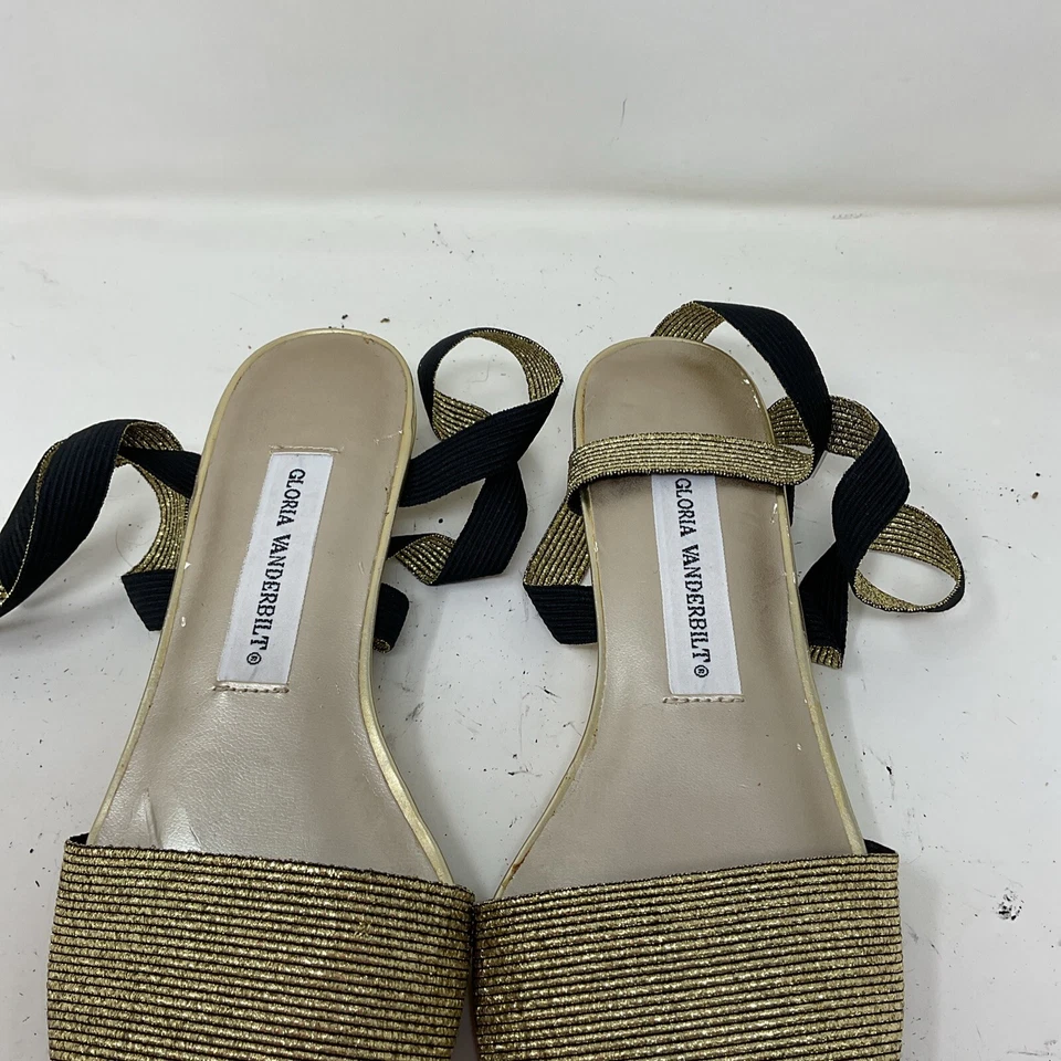 Vintage 80s 90s Gloria Vanderbilt Ankle Wedge Gold Espadrille Sandals Evening 8 - Image 3 of 4