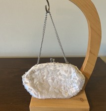 VTG Ivory Satin Clutch Purse Beaded Sequin Evening Bag Silver Chain Hong Kong