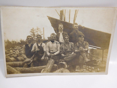Vintage Logging Photo Post Card Men Logging Company Saw Mill Suspenders ...