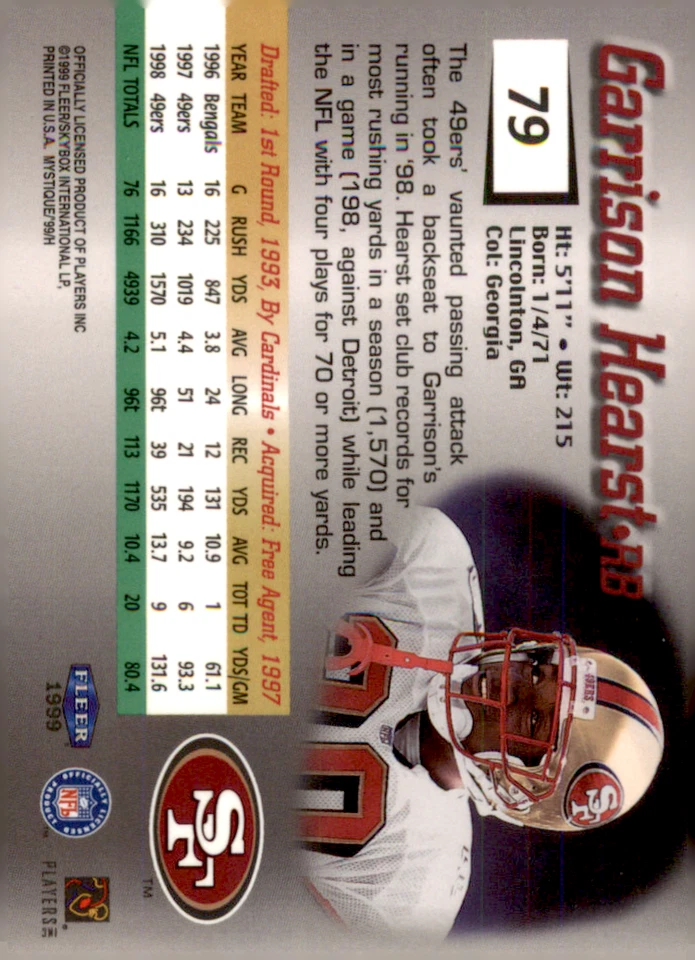 1999 Fleer Mystique Gold - #79 Garrison Hearst San Francisco 49ers - Image 2 of 2