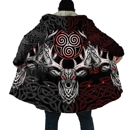 Viking Tattoo 3D Printed Long Sleeve Jacket Hooded Cloak Winter Coat Men Costume - Picture 7 of 26