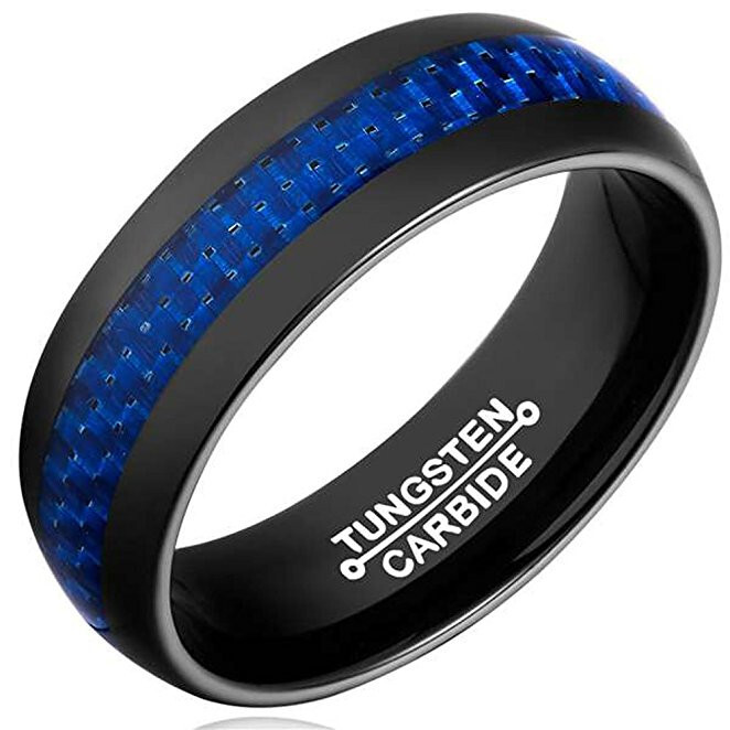 Cloud Dancer Tungsten Carbide Wedding Ring - 8mm Silver/Black/Blue Dome With Dog Paw Print, Comfort Fit (Size 6)