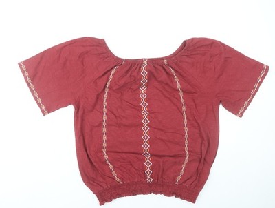 M&Co Bauernbluse Damen rot bestickt UK14 Baumwolle