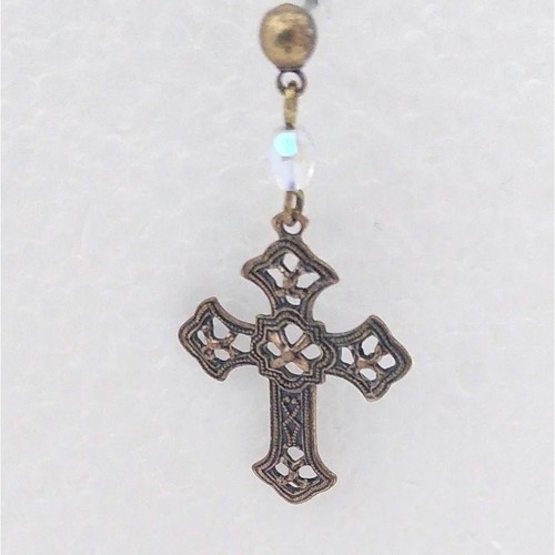 Vintage Bronze Filigree Cross Single Pierced Post Earring AB Crystal Drop