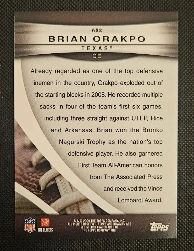 2009 Bowman Draft Picks - 09 ft. Rookie All-Stars Brian Orakpo #AS2 (RC) - Image 2 of 2