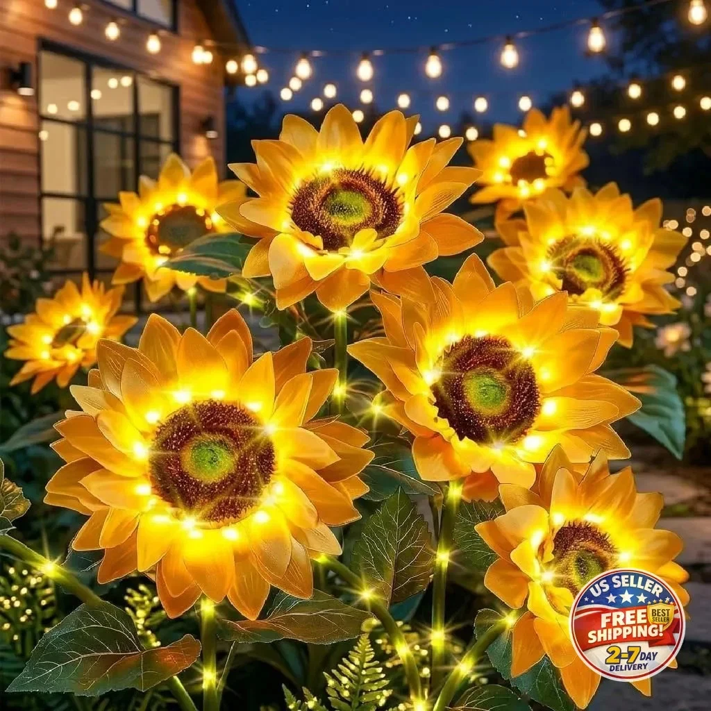 Solar Flowers Outdoor Waterproof: 3 Pack 9 Silk Sunflower Solar Lights with 800m