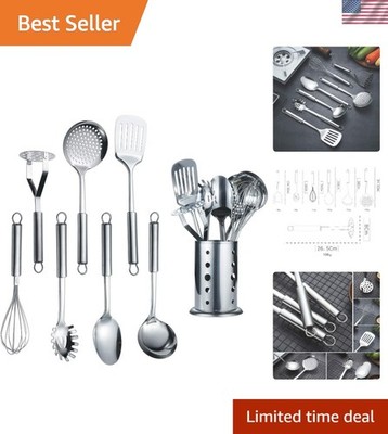 Elegant 8-Piece Stainless Steel Cooking Utensil Set with Stand - Dishwasher Safe