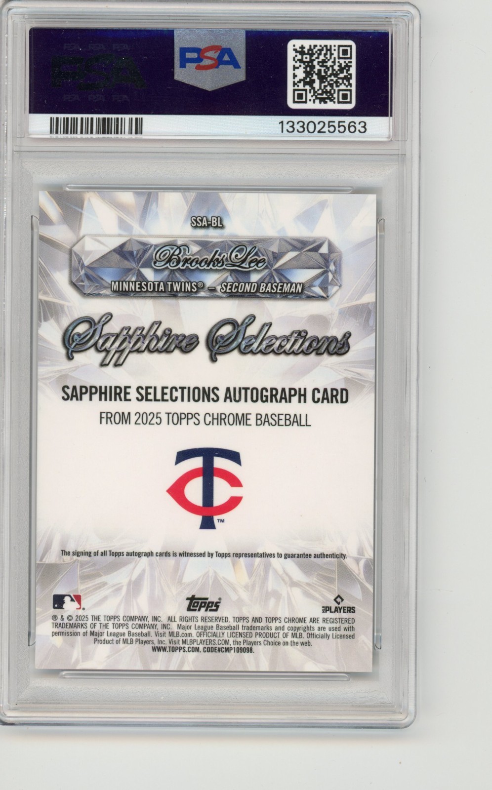 2025 Topps Chrome Brooks Lee RC Orange Sapphire Selections Auto #/25 PSA 10 (JV) view 2
