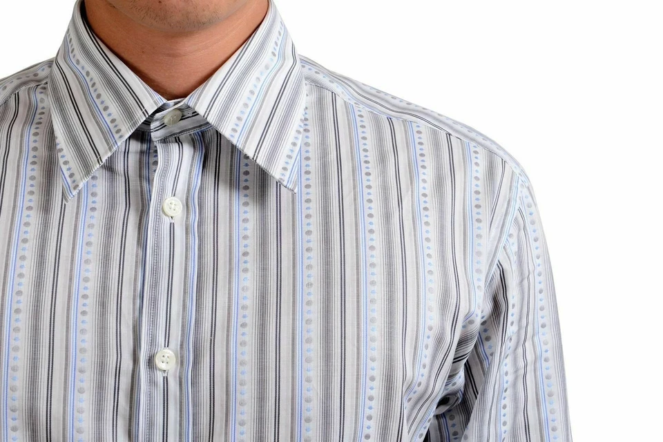 Camisa social masculina manga longa listrada multicolorida Versace Collection "City" - Imagem 3 de 4