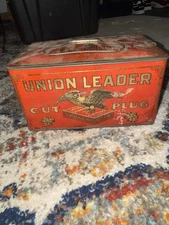 Antique Union Leader Cut Plug EMPTY Tobacco Tin For Smoking & Chew Box W/ Handle