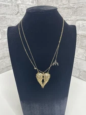 Betsey Johnson Vintage Fly With Me Gold Angel Wing Crystal Heart Dove Necklace 