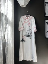 Linen Ao Dai Vietnamese Wedding Dress Chinese Cheongsam Qipao M Hand Painted