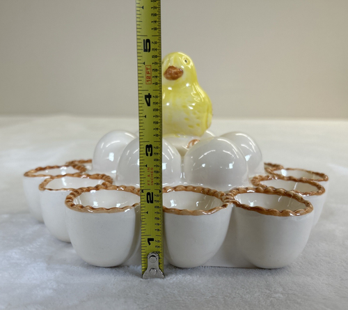 Vintage Ceramic 12 Egg Holder Brown Rim w/Chick Easter Spring Centerpiece Chrty - Picture 8 of 10