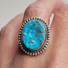 Pretty Turquoise Ring w/Artisan Roping  Beading. 925 Sterling Silver Size Adj.