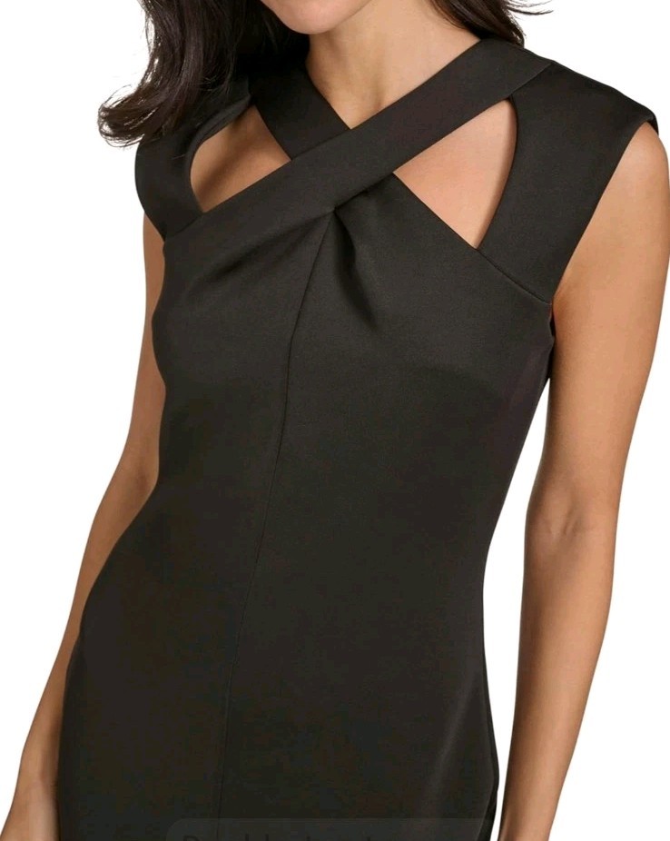 Calvin Klein Sleeveles Cutout Crossover Neckline  Black Crepe Sheath Size-8 thumbnail 4
