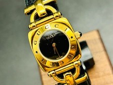 [Exc+5] 1 Day Shipping Gucci Horsebit 6300L Black Dial Gold Quartz Ladie's Watch