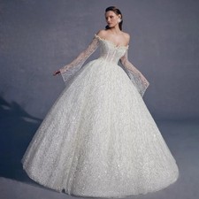 Off the Shoulder Wedding Dress Luxury Beaded Long Sleeve Ball Gown custom Bride