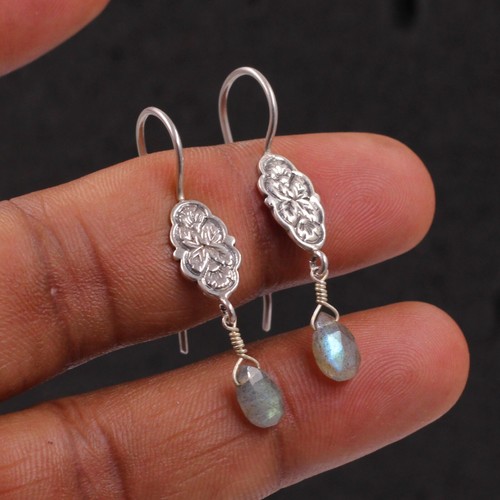 SOLID 925 STERLING SILVER JEWELRY CITRINE OXIDIZED HANDMADE DANGLE EARRING - Picture 7 of 8