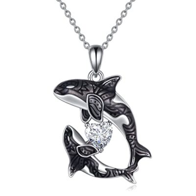 Killerwal Orca Herz CZ Halskette Sterlingsilber Ozean Schmuck für Damen