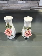 Vtg Porcelain Rose Salt  Pepper Shakers Set Floral Tableware MCM Cottage Core