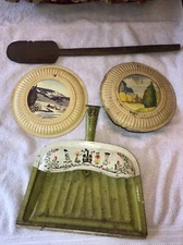 Vintage JV Reed Orange Metal Dust Pan Kitchen Covers Wooden Spoon Kitchen Lot