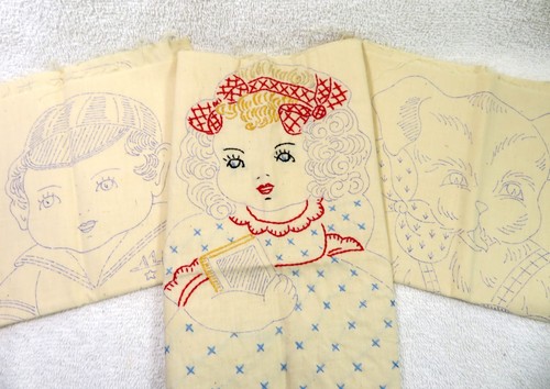 1930's JBK Co. Stuffed Cuddle Dolls Girl Boy Dog Stamped Embroidery Lot of 3
