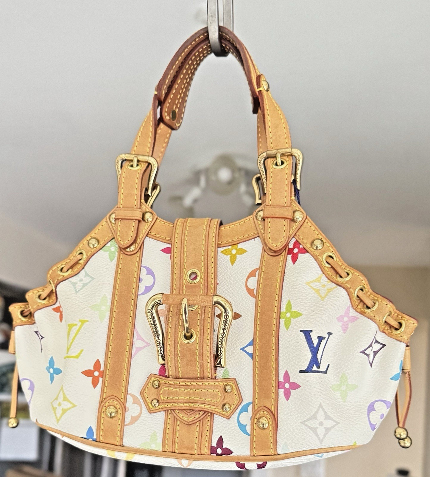Louis Vuitton Monogram Theda PM White MultiColor Brown Leather Trim *RARE* Bag