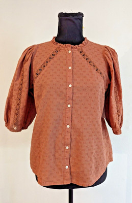 New Old Navy sz XS Eyelet Shirt brown buttons elbow puff sleeves top 2352
