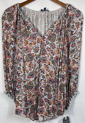 Democracy Ladies  3/4 Sleeve Peasant Blouse 1X Lt Blue W/Colorful Mandala Design