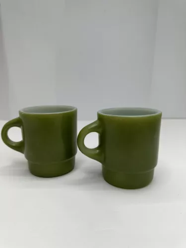 Fire King Anchor Hocking Avocado Green Stacking Coffee Cups - Set Of 2