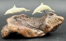 Vintage John Perry Sculpture Two Dolphins on Burl Wood Base Signed