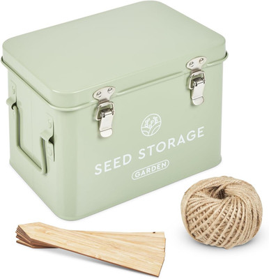 Seed Storage Box   Metal Seed Packet Organizer with Garden String and Bamboo Pla
