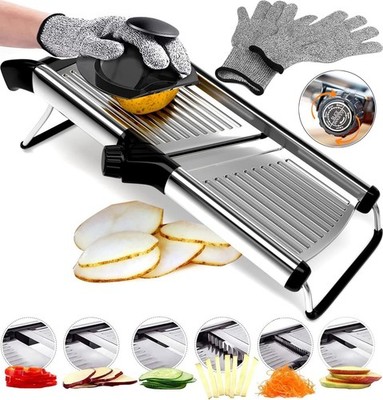 Stainless steel mandoline slicer, 6 adjustable settings, 16.5 x 5-inch platform