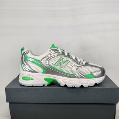 Size 4.5 Men /  6 Women - New Balance 530 - Silver Metallic / Green Apple
