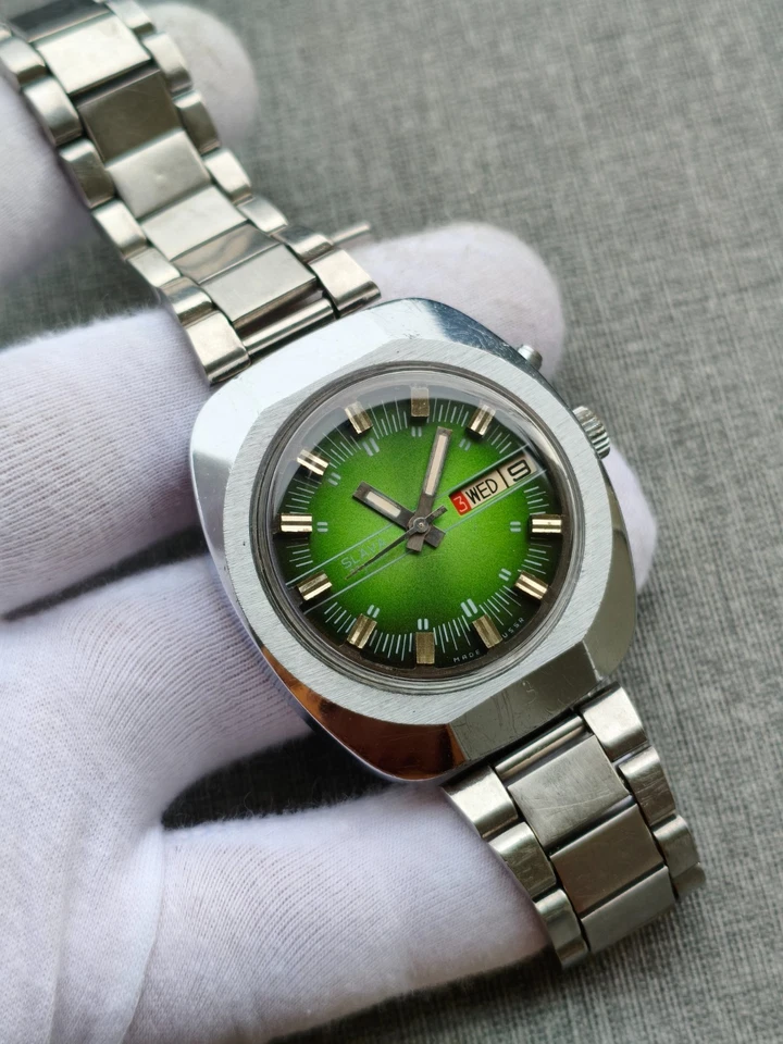 Seltene Slava Automatik Armbanduhr UdSSR Grünes Fumé Zifferblatt Großes Gehäuse - Bild 1 von 4
