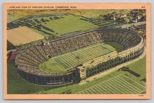 Vintage Linen Postcard Airplane View Harvard Stadium Cambridge MA