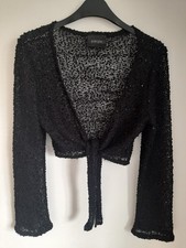 BLACK EVENING BOLERO SHRUG LACE KNIT SEQUINNED PRINCIPLES SIZE 10 FRONT  TIE