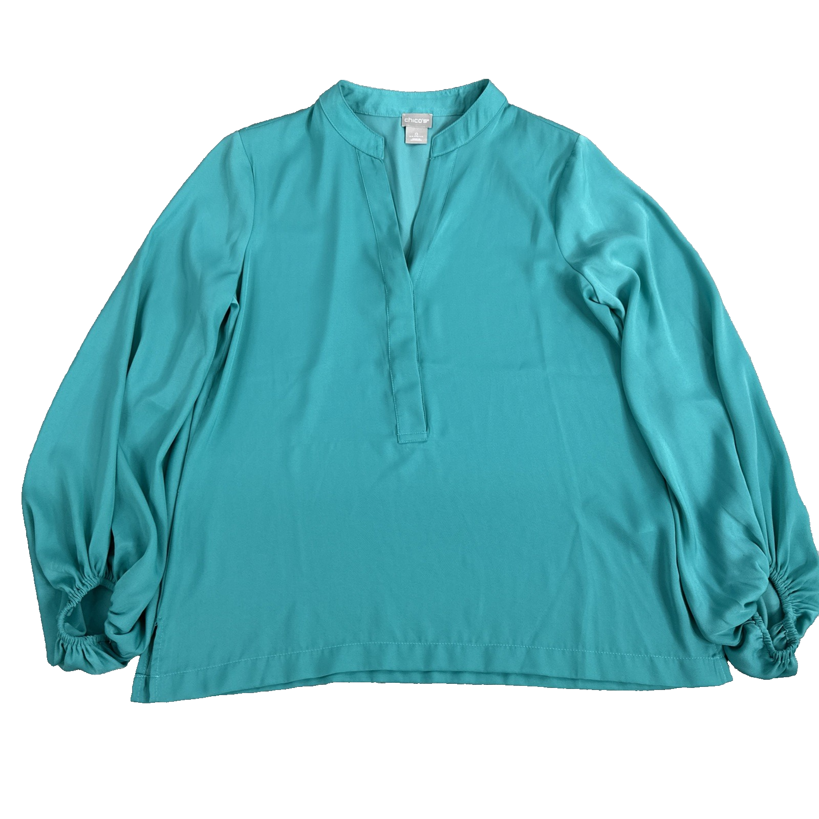 Chico's Women's Teal Tunic Blouse Split Neck Puff Sleeve Blue Size 0 (US S)