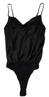Lulu's  Glamorous Black Satin Bodysuit Cowl Neck Snap-close Spaghetti Strap S