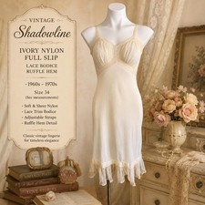 Vintage 1950 s Shadowline Ivory Nylon Full Slip Lace Bodice Ruffle Hem Sz 32