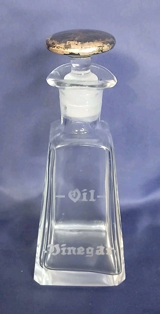 Antique Etched Glass Oil And Vinegar Bottle With Silver Stopper