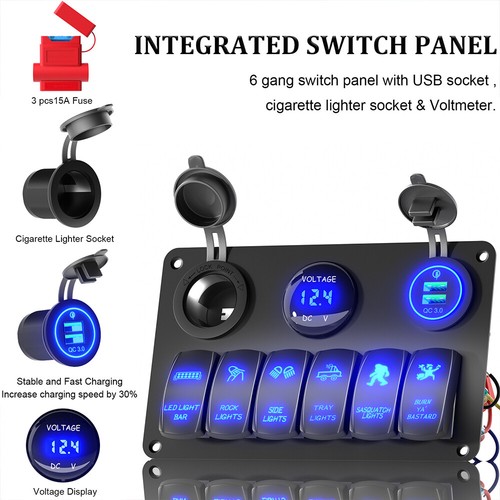 Custom 6 Gang Rocker Switch Panel Car Marine Boat Blue w/Dual USB Quick Charge - Picture 4 of 7