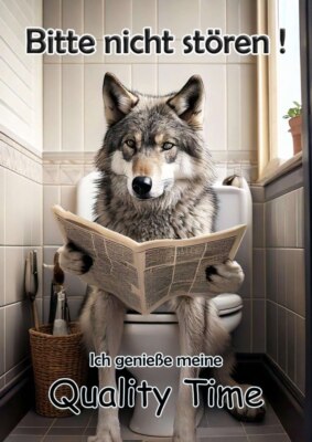 Blechschild Alu bedruckt rostfrei 20x30cm - Klo Toilette Wolf mit Zeitung