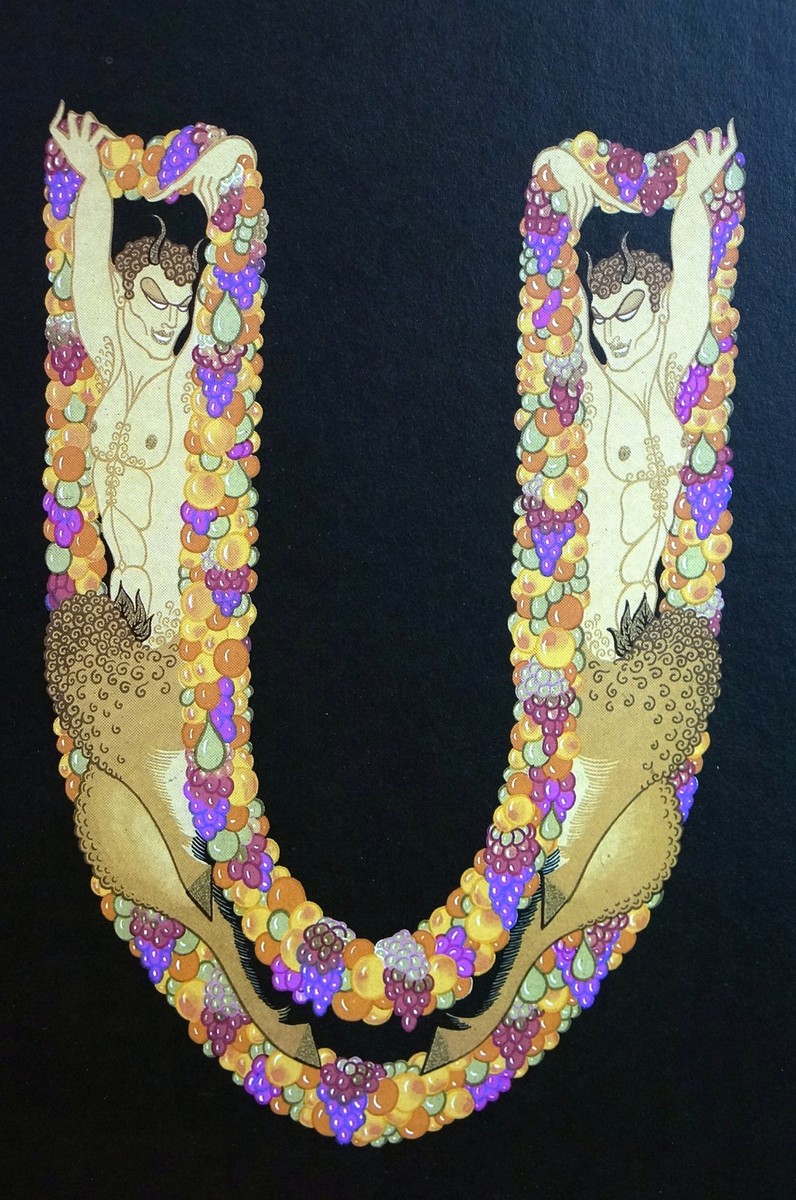 Erte 1982 Alphabet Series - U - TWIN EVIL SATYRS - Matted Print
