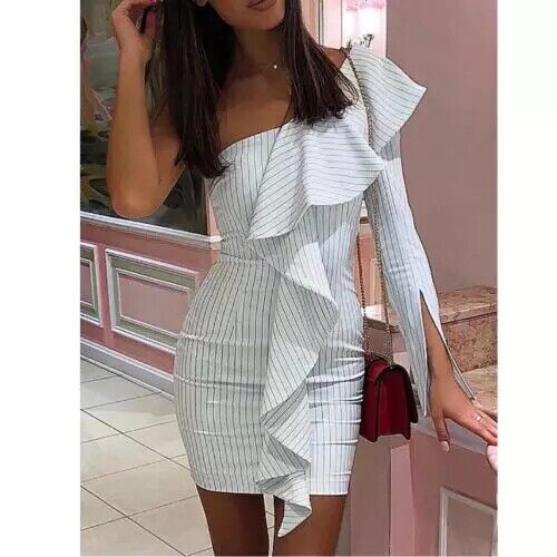 Vestido corto blanco listas manga si y no volante boda elegante moda 2019 insta - Imagen 1 de 3