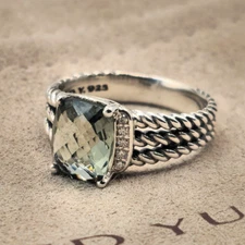 David Yurman Sterling Silver Petite Wheaton Prasiolite Diamond Ring Size 9